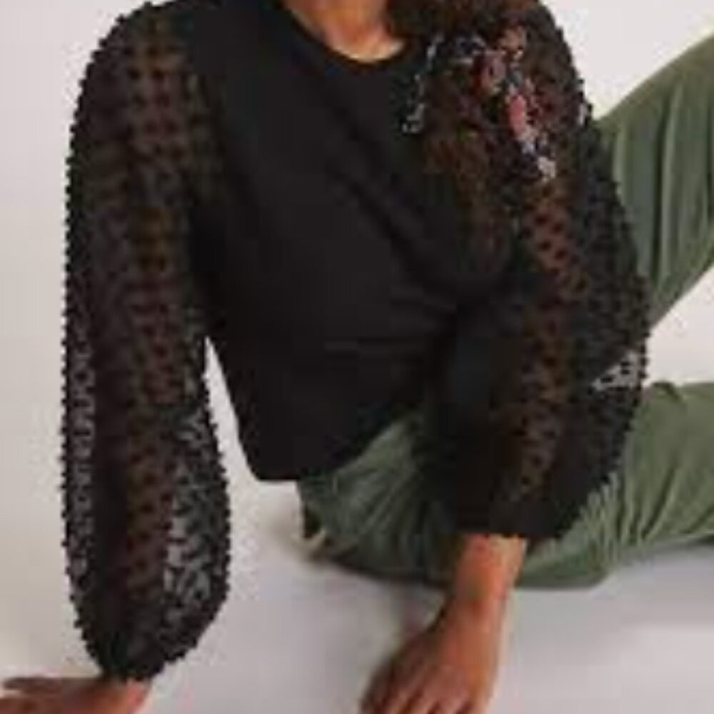 Maeve Textured-Sleeve Top, XXSP, BLACK